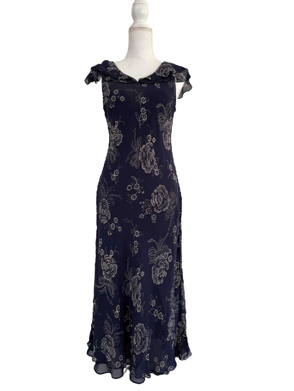 Navy Floral 100% Silk Midi Dress 90s